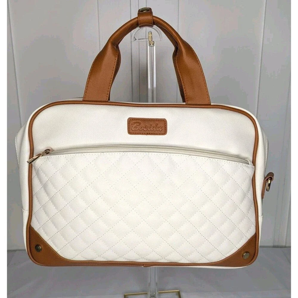 14 inch Laptop/Work Bag - Quilted White with Brown Trim